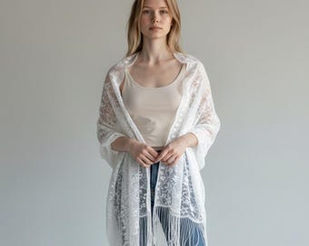 White Lace Shawl Scarf -Wedding Shawl - Bridesmaid Shawl -  White Tulle Lace Shawl - White Lace Scarf -  Lace Shawl - White Lace Wraps