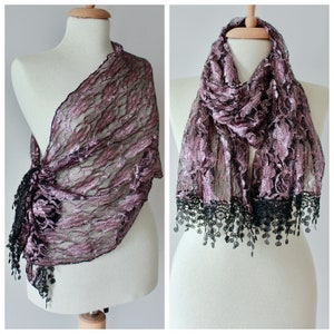 Pink Black  Lace Scarf - Lace Scarf Shawl - Lace Fringed Scarf Shawl - Lace Hairband - Lace Scarf -  Fringed Scarf - Fringed Shawl - Scarf