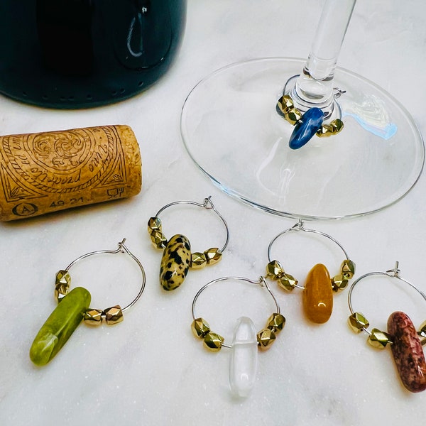 Crystal & Natural Stone Wine Glass Tags - Set of 6, 8, 10, or 12 Charms