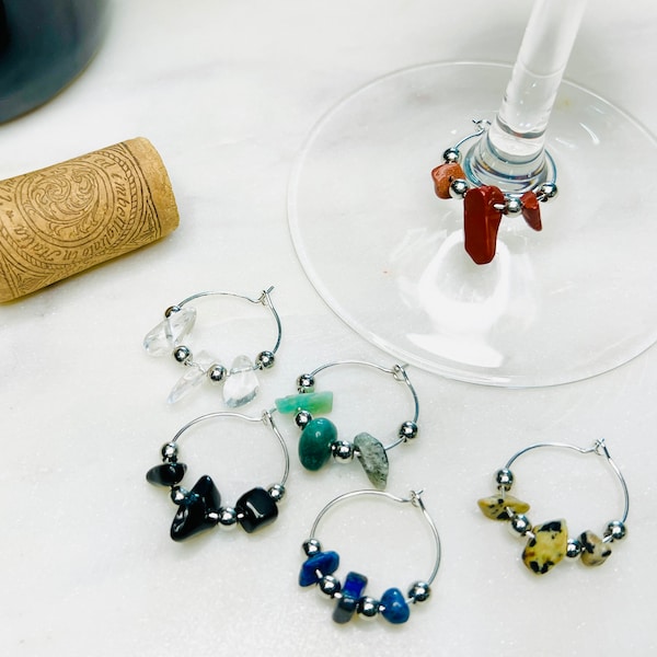 Natural Gemstone Wine Charm Set - Gift for Wine Lover - Wine Accessories - Wine Tags - Set of 6, 8, 10, or 12 Charms