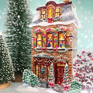 Kerstdorphuis - met de hand getekend en gedrukt op stevig, duurzaam karton. PRAKTISCH CONCEPT: uitvouwen, genieten, vouwen en opbergen!