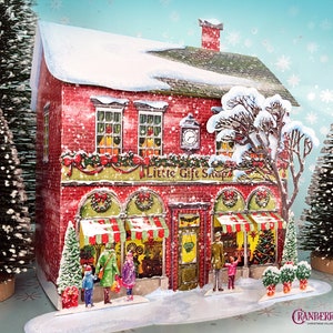 Kerstdorphuis - met de hand getekend en gedrukt op stevig, duurzaam karton. PRAKTISCH CONCEPT: uitvouwen, genieten, vouwen en opbergen!