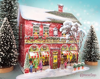 May include: A red brick building with a white snowy roof and a sign that reads "Little Gift Shop". The building has a green awning and is decorated with Christmas wreaths and garlands. There are two small Christmas trees on either side of the building.