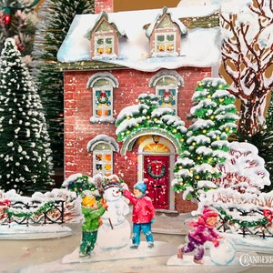 Kerstdorphuis - met de hand getekend en gedrukt op stevig, duurzaam karton. PRAKTISCH CONCEPT: uitvouwen, genieten, vouwen en opbergen!