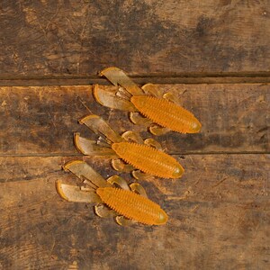 May include: Three orange and clear plastic crawfish lures are arranged on a weathered wooden surface. The lures have a segmented body and claw-like appendages, designed for fishing. The background is a rustic, textured wood.