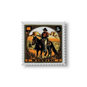 May include: A vintage-style postage stamp featuring a cowboy riding a horse in a desert landscape. The stamp is brown and orange with the text "WYOMING" and "5c" printed on it.