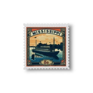 May include: A vintage-style postage stamp with a blue and white steamboat on a river, a sunset sky, and the text "MISSISSIPPI" in orange. The stamp has a red border and the text "5¢" in the bottom center.