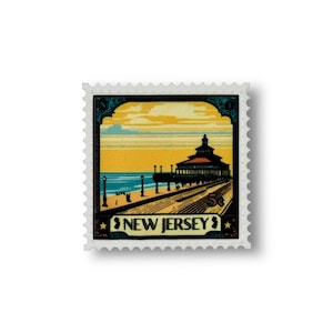 May include: A vintage postage stamp featuring a scenic view of a boardwalk and a building with a red roof. The stamp is yellow, blue, and brown with the text "NEW JERSEY" and "5c" printed on it.