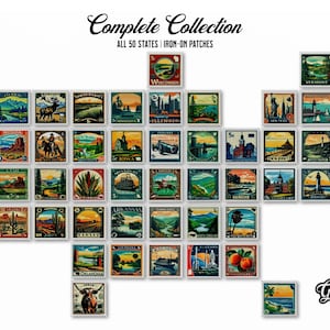 Könnte beinhalten: Eine Sammlung von 50 Bügelbildern, jedes mit einem einzigartigen Design, das einen anderen Bundesstaat der Vereinigten Staaten repräsentiert. Die Bügelbilder sind in Form einer Karte angeordnet, mit Alaska und Hawaii oben und unten. Die Bügelbilder sind alle bunt und zeigen verschiedene Wahrzeichen und Symbole aus jedem Bundesstaat.