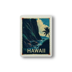 May include: A rectangular patch featuring a scenic Hawaiian landscape. The image depicts a coastline with cliffs, ocean, and a palm tree under a cloudy sky. The word "HAWAII" is printed at the bottom in white letters.