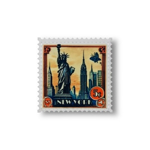 May include: A vintage 5-cent postage stamp depicting a silhouette of the Statue of Liberty and the Empire State Building against a yellow and orange sunset sky. The stamp is surrounded by a white border with a scalloped edge and the words "NEW YORK" in blue.