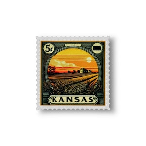 May include: A vintage 5-cent postage stamp depicting a sunset scene over a field of wheat with a farmhouse in the distance. The stamp is labelled "KANSAS" and has a black rectangular outline of the state.