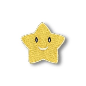 May include: A yellow embroidered star with a smiling face. The star has black eyes and a white smile.