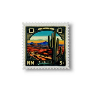 Może przedstawiać: Stare znaczek pocztowy o nominale 5 centów przedstawiający pustynny krajobraz z wysokim kaktusem na pierwszym planie. Znaczek jest oznaczony jako "NM NEW MEXICO".