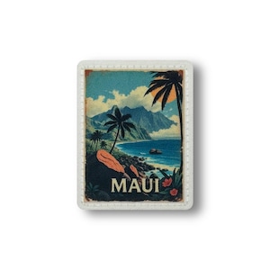 May include: Rectangular patch featuring a vintage-style illustration of a tropical beach scene. The image includes palm trees, a coastline, and the word "MAUI" in white. The patch has a white border and a distressed, aged appearance.