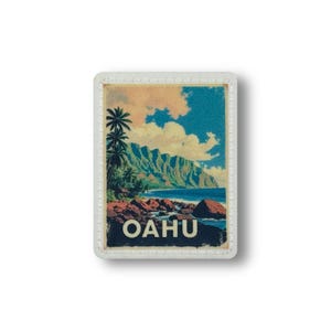 May include: Rectangular patch featuring a scenic view of Oahu, Hawaii. The image depicts a beach with palm trees, mountains, and ocean under a cloudy sky. The word "OAHU" is printed in white block letters at the bottom.