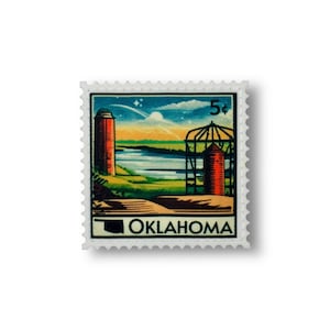 May include: A vintage 5-cent postage stamp featuring a colorful illustration of a silo and a grain elevator against a blue sky with white clouds. The stamp is labeled "OKLAHOMA" and has a white border with a serrated edge.
