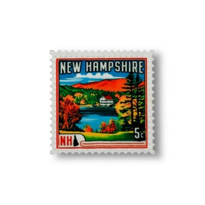 May include: A vintage 5-cent postage stamp from New Hampshire depicting a scenic landscape with a lake, mountains, and a white house. The stamp has a red, white, and blue colour scheme and the text "NEW HAMPSHIRE" and "NH" are visible.
