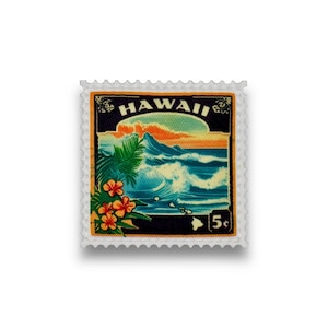 May include: A vintage postage stamp with a blue and green image of a wave crashing on a beach with a palm tree and flowers. The stamp is labeled "HAWAII" and "5c".