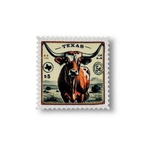 Pode incluir: Um selo postal vintage com um touro Texas Longhorn marrom e branco com grandes chifres. O selo é bege com detalhes marrons e pretos. O selo diz "TEXAS" e "5c".