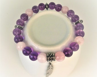 Bracelet Anti-stress Améthyste  et Quartz rose  - Calme et apaise - angoisses, colères, addictions, peine de coeur, traumatismes douloureux