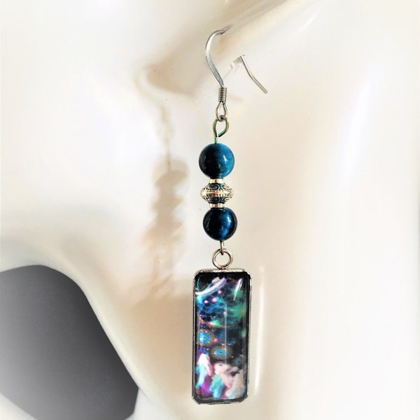 Silver earrings "Dreamcatcher" + blue tiger's eye stones (hawk's eye) - Surgical steel hook