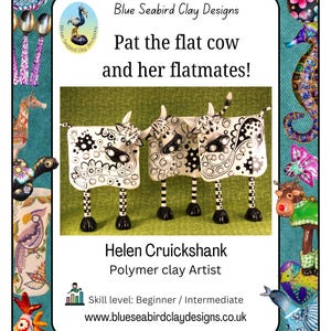 Könnte beinhalten: Drei handgefertigte Polymer Clay Kühe mit schwarz-weißen Mustern auf grünem Hintergrund. Die Kühe haben lange, dünne Beine mit schwarz-weißen Streifen. Der Text lautet "Pat the flat cow and her flatmates!" und enthält Künstlerdetails.