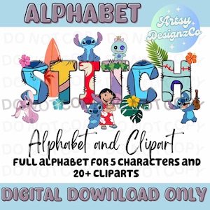 Conjunto de alfabeto de Stitch, archivos PNG de alfabeto personalizado de Stitch, conjunto de alfabeto de Stitch, imágenes prediseñadas de Stitch