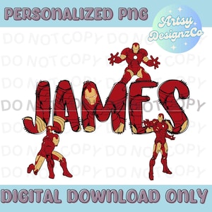 Arquivo PNG de nome personalizado do Homem de Ferro, download digital de nome personalizado do Homem de Ferro, arquivos PNG de heróis personalizados, nome personalizado de heróis