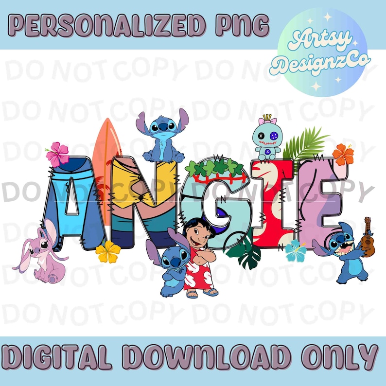 Puede incluir: Una descarga digital de un gr&aacute;fico de nombre personalizado con el nombre "Angie" en letras de colores con personajes de Stitch de la pel&iacute;cula de Disney Lilo & Stitch. Las letras est&aacute;n decoradas con flores tropicales, hojas de palmera y una tabla de surf.