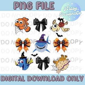 Peut inclure: Un ensemble de neuf images clipart numériques représentant des personnages de Finding Nemo sur le thème d'Halloween. Les personnages incluent Dory, Nemo, un requin portant un chapeau de sorcière, une tortue avec un chat noir sur son dos, un poisson-globe tenant un balai et trois nœuds avec des motifs sur le thème d'Halloween.