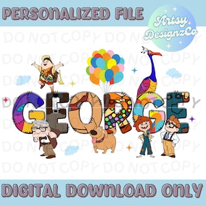 Op de afbeelding: Een digitaal ontwerp met de naam "GEORGE" en personages uit de animatiefilm "Up". Het ontwerp bevat de tekst "PERSONALIZED FILE" en "DIGITAL DOWNLOAD ONLY."