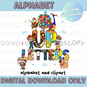 Op de afbeelding: Een digitale afbeelding met de tekst ALPHABET UP LETTERS en Artsy DesignzCo. Het ontwerp bevat kleurrijke stripfiguren, een grote tros veelkleurige ballonnen en een grote vogel, gerangschikt rondom gestileerde, gedessineerde letters.