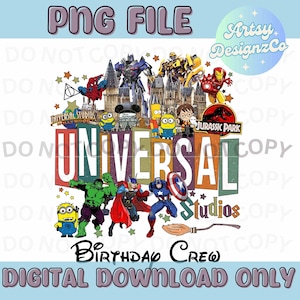 Może przedstawiać: Kolorowe grafiki z logo Universal Studios i różnymi postaciami z popularnych filmów i programów telewizyjnych, w tym Minionkami, Spider-Manem, Transformerami i Kapitanem Ameryką. Na dole projektu znajduje się tekst "Birthday Crew".