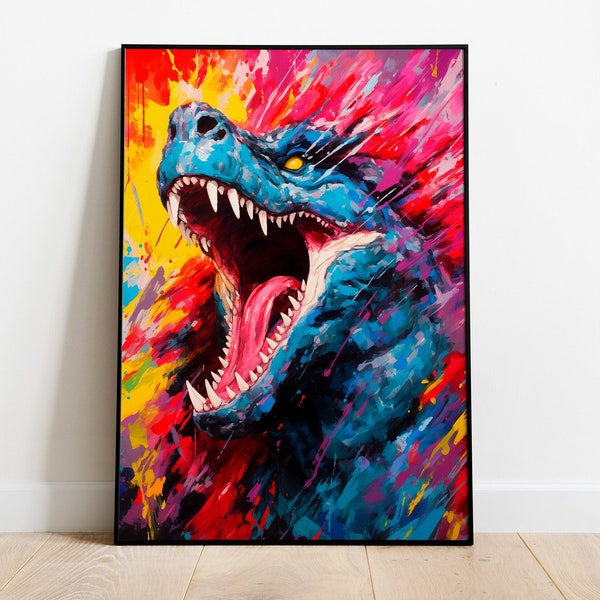 Graffiti Godzilla Poster, Cool Abstract Dinosaur Painting Print, Epic Paint Impasto Reptile Splatter Artwork - Wall Art Decor, A1 A2 A3 A4