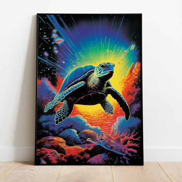 Space Turtle Poster, Cool Vintage 80's Rainbow Space Animal Print, Epic Tortoise Nature Ocean Galaxy Surreal Artwork Wall Decor A1 A2 A3 A4