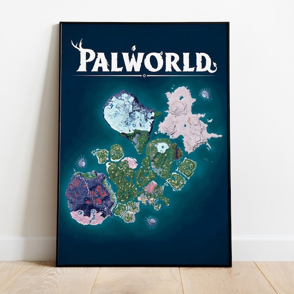 Palworld Map Poster, Pal World Inspired Fan Game Island Print, Minimalistic Gaming Fanart Gamer Pals Artwork - Wall Art Decor, A1 A2 A3 A4