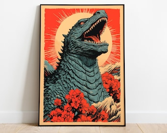 Vintage Godzilla Poster, Traditional Japanese Godzilla Print, Kaiju Antique Japan Monster Art Cool Artwork - Wall Art Decor, A1 A2 A3 A4