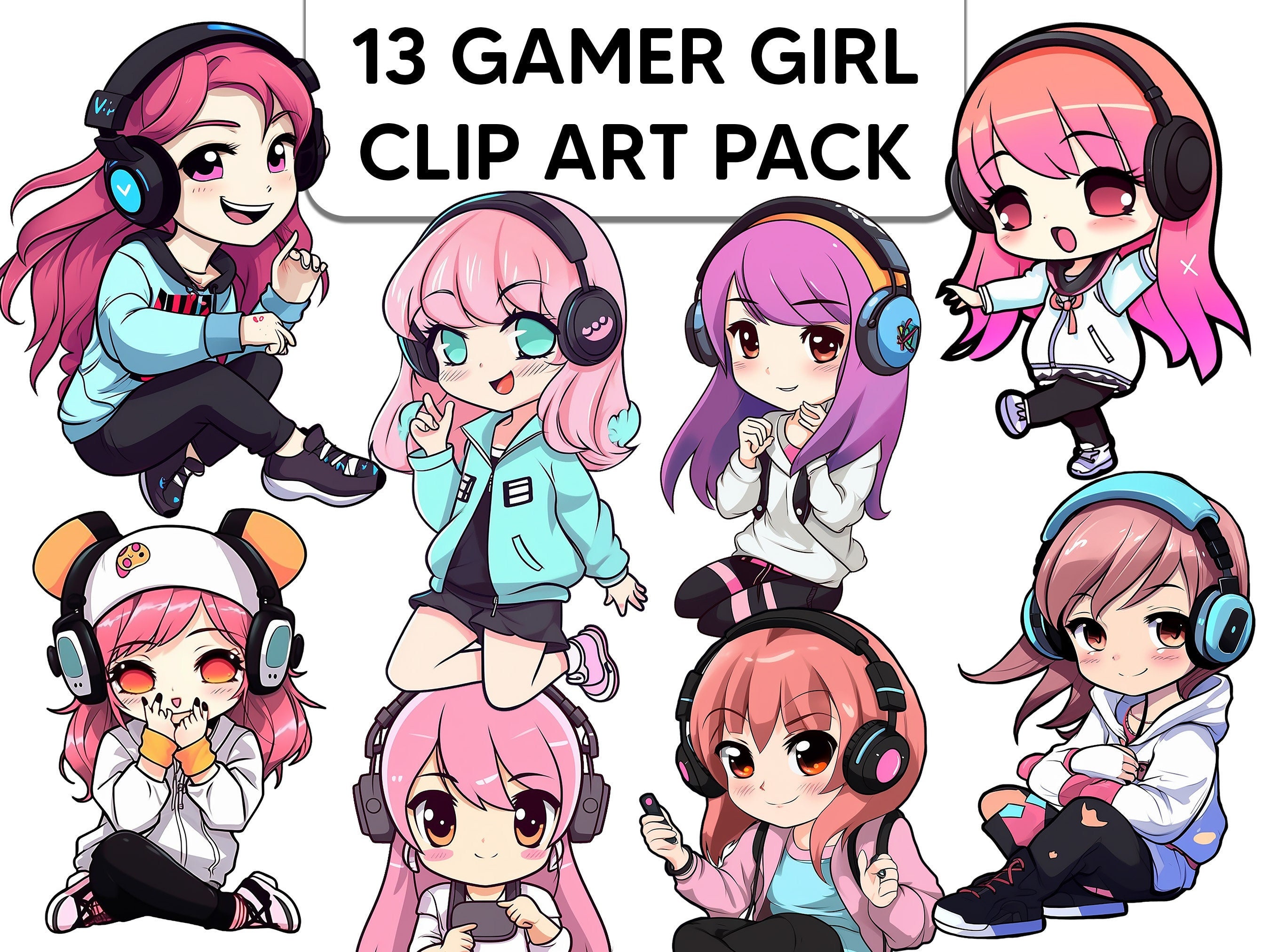 Gamer Girl Clip Art Pack 13 Cartoon & Anime Egirl Stickers Etsy