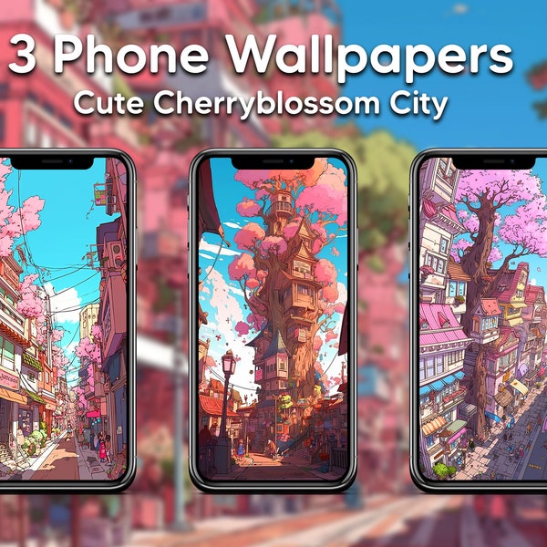 Cherry Blossom City Phone Wallpaper 3 Pack - iPhone Android Backgrounds - Beautiful Pink Cherryblossom Art Nature - Instant Digital Download