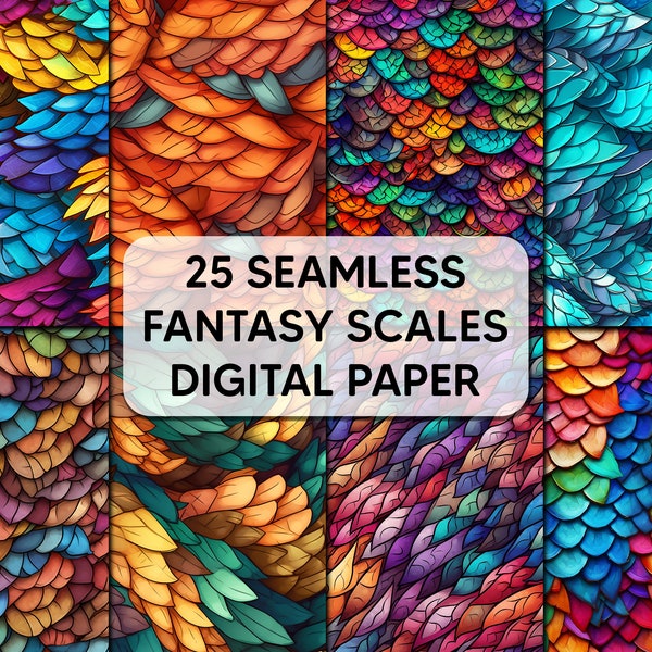 Fantasy Scales Digital Paper - 16 Seamless Dragon Fish Lizard Scale Texture - Colorful HD Print Patterns - Instant Download + Commercial Use