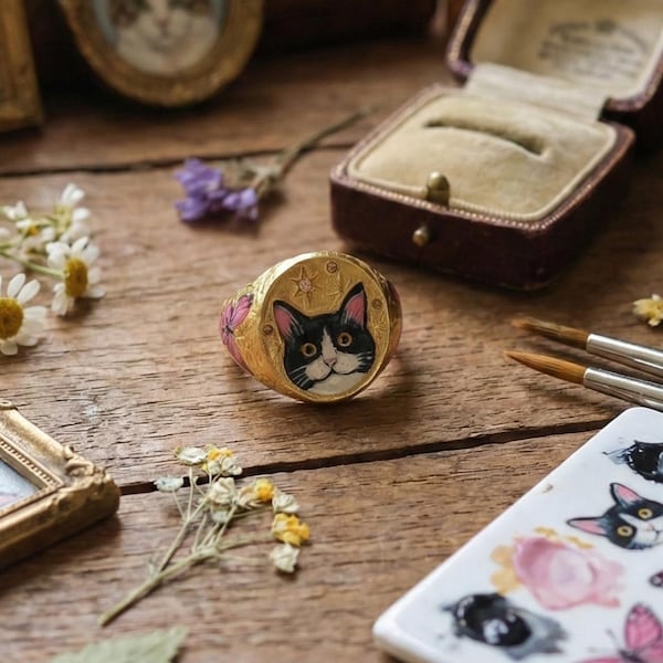Hand Painted Diamond Gold Cat Signet Ring Pet Memorial Jewelry – Fully Personalization Animal Jewelry