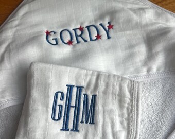 Personalized Baby Hooded Towel with Star Font & Monogrammed Burb Cloths