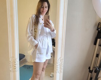 White Embroidered Linen Set, Relaxed Shirt and Shorts, Summer Resort Wear