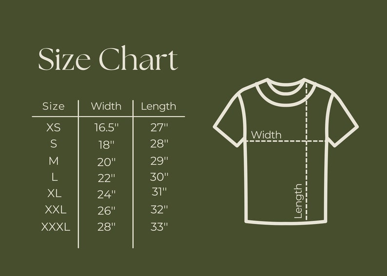 May include: Size chart for a t-shirt with measurements in inches for width and length. Sizes include XS, S, M, L, XL, XXL, and XXXL.