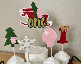 Christmas Birthday Themed Cake and Cupcake Toppers, Oh What Fun it is to be One Theme Cupcake Toppers, Girl Christmas Cake & Cupcake Toppers