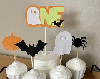 Toppers de pastel y cupcake con temática espeluznante, decoración de cumpleaños temática de Halloween, topper de pastel y cupcake espeluznante, decoración de primer cumpleaños espeluznante