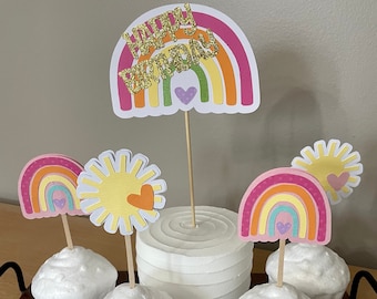 Adornos para tartas y cupcakes con temática de arcoíris, adorno para tarta de cumpleaños de arcoíris, decoración de cumpleaños con temática de arcoíris, adornos para cupcakes de arcoíris, fiesta de arcoíris