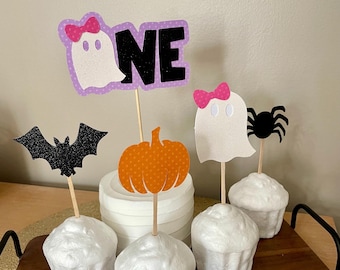 Girl Spooky Themed Cake Toppers, Halloween Themed Birthday Decor, Girl Two Spooky Cupcake Toppers, Girl Spooky One First Birthday Decor