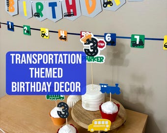 Transportation Themed Birthday Decorations, Truck Birthday Decor, Vehicle Birthday Decor Pack, Dump Truck, Firetruck, Train, School Bus
